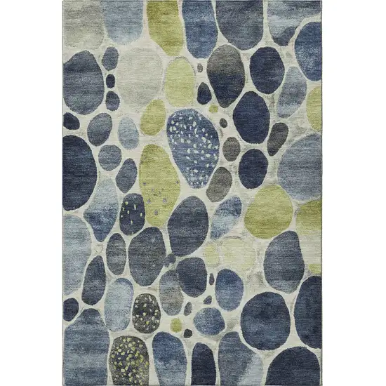 Denim Blue Lime Green And Ivory Geometric Washable Area Rug With UV Protection Photo 4