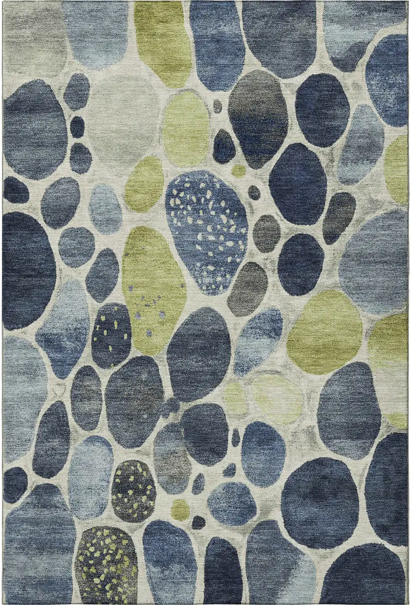 Denim Blue Lime Green And Ivory Geometric Washable Area Rug With UV Protection Photo 4