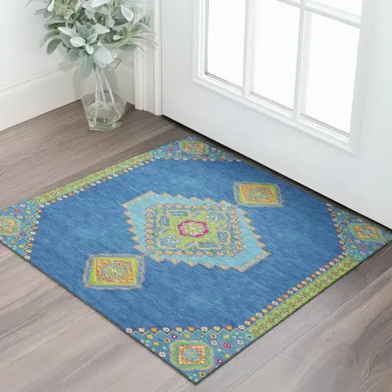 Denim Blue Lime Green And Orange Oriental Washable Area Rug With UV Protection Photo 2