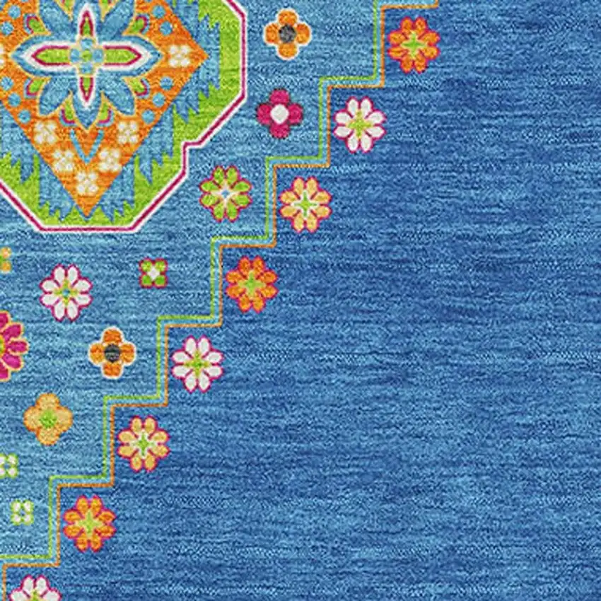 Denim Blue Lime Green And Orange Oriental Washable Area Rug With UV Protection Photo 2