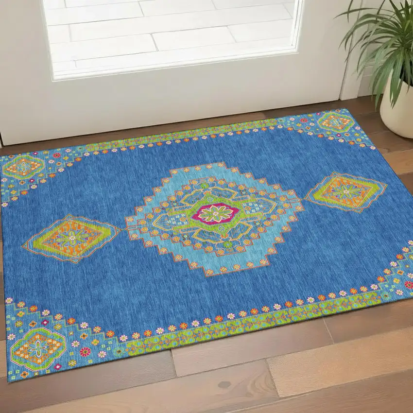 Denim Blue Lime Green And Orange Oriental Washable Area Rug With UV Protection Photo 1