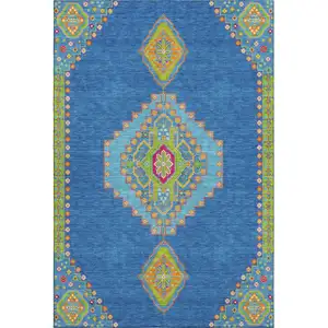 Photo of Denim Blue Lime Green And Orange Oriental Washable Area Rug With UV Protection