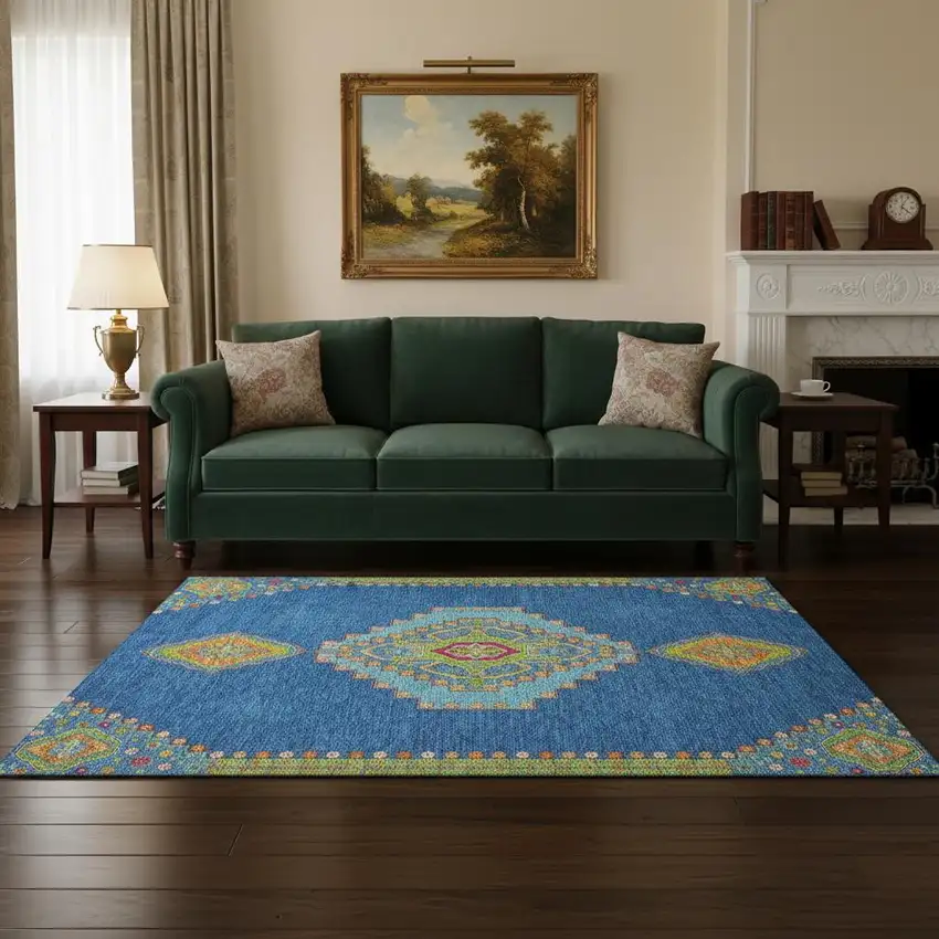 Denim Blue Lime Green And Orange Oriental Washable Area Rug With UV Protection Photo 2