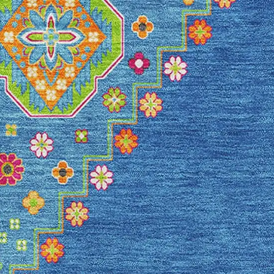 Denim Blue Lime Green And Orange Oriental Washable Area Rug With UV Protection Photo 2
