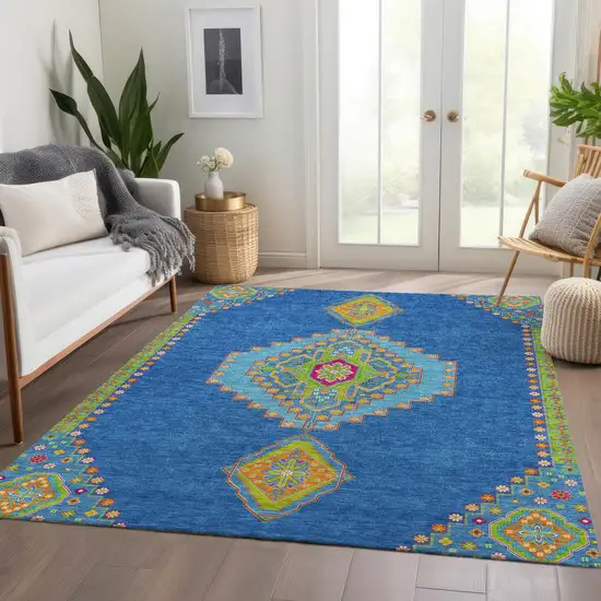Denim Blue Lime Green And Orange Oriental Washable Area Rug With UV Protection Photo 5