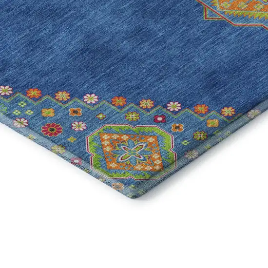Denim Blue Lime Green And Orange Oriental Washable Area Rug With UV Protection Photo 7