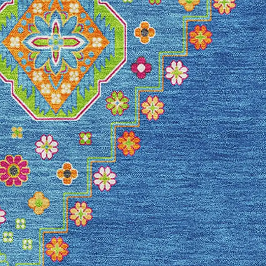 Denim Blue Lime Green And Orange Oriental Washable Area Rug With UV Protection Photo 2