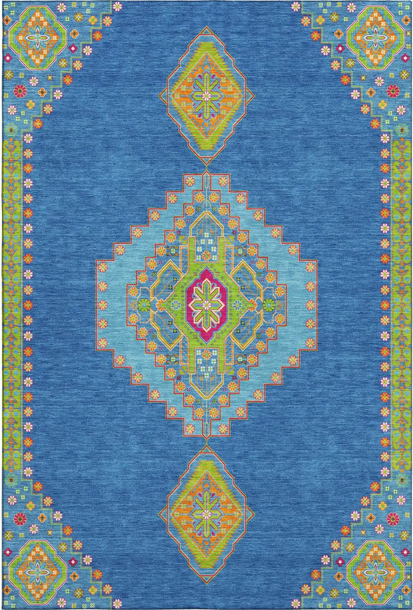 Denim Blue Lime Green And Orange Oriental Washable Area Rug With UV Protection Photo 1