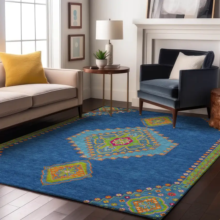 Denim Blue Lime Green And Orange Oriental Washable Area Rug With UV Protection Photo 4