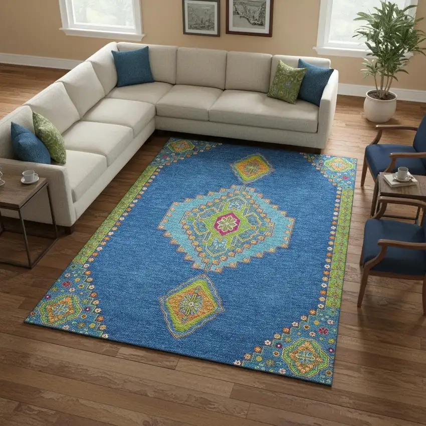Denim Blue Lime Green And Orange Oriental Washable Area Rug With UV Protection Photo 2