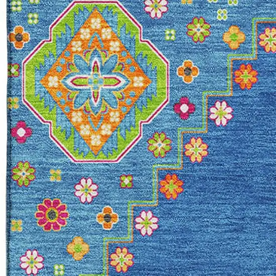 Denim Blue Lime Green And Orange Oriental Washable Area Rug With UV Protection Photo 2