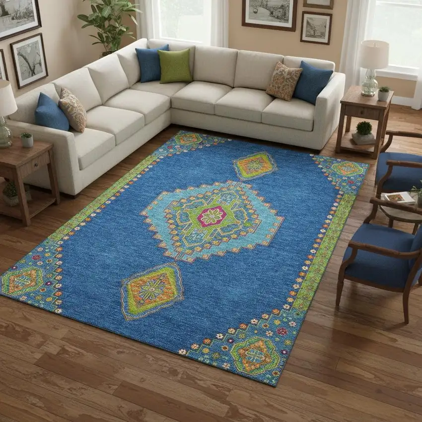 Denim Blue Lime Green And Orange Oriental Washable Area Rug With UV Protection Photo 2