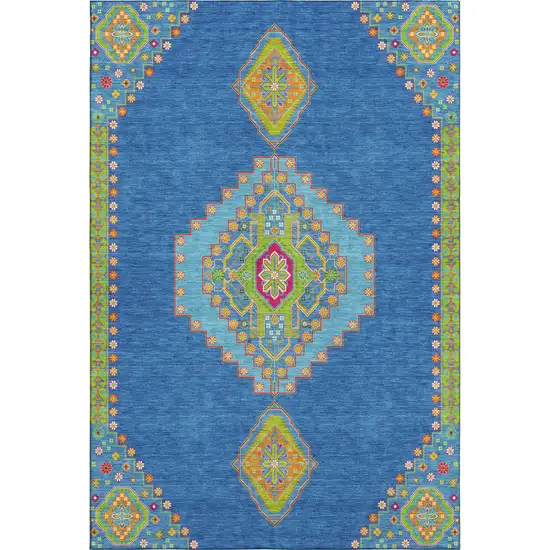 Denim Blue Lime Green And Orange Oriental Washable Area Rug With UV Protection Photo 1