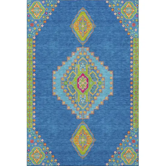 Denim Blue Lime Green And Orange Oriental Washable Area Rug With UV Protection Photo 3