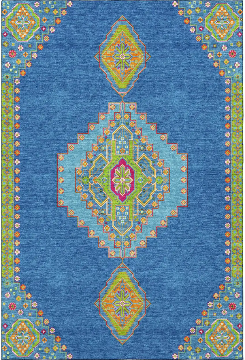 Denim Blue Lime Green And Orange Oriental Washable Area Rug With UV Protection Photo 3