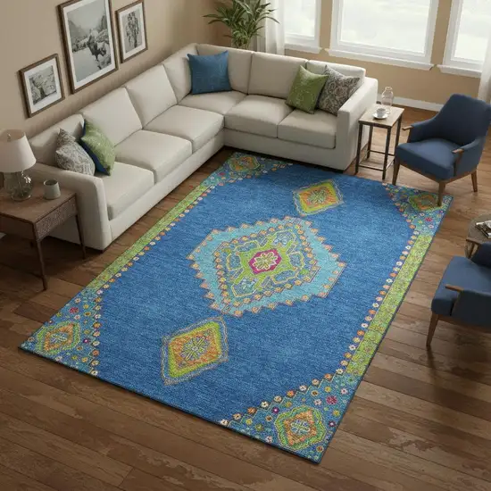 Denim Blue Lime Green And Orange Oriental Washable Area Rug With UV Protection Photo 2