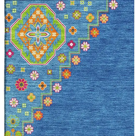 Denim Blue Lime Green And Orange Oriental Washable Area Rug With UV Protection Photo 2