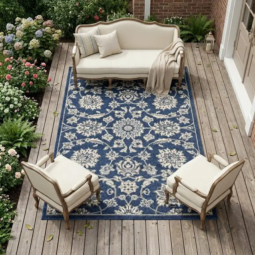 Denim Blue Floral Indoor Outdoor Area Rug Photo 1