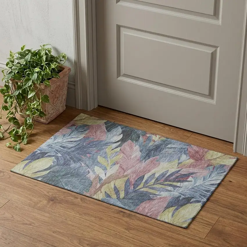 Denim Blue Mauve And Gold Floral Washable Area Rug With UV Protection Photo 1