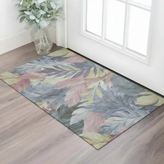 Denim Blue Mauve And Gold Floral Washable Area Rug With UV Protection Photo 2