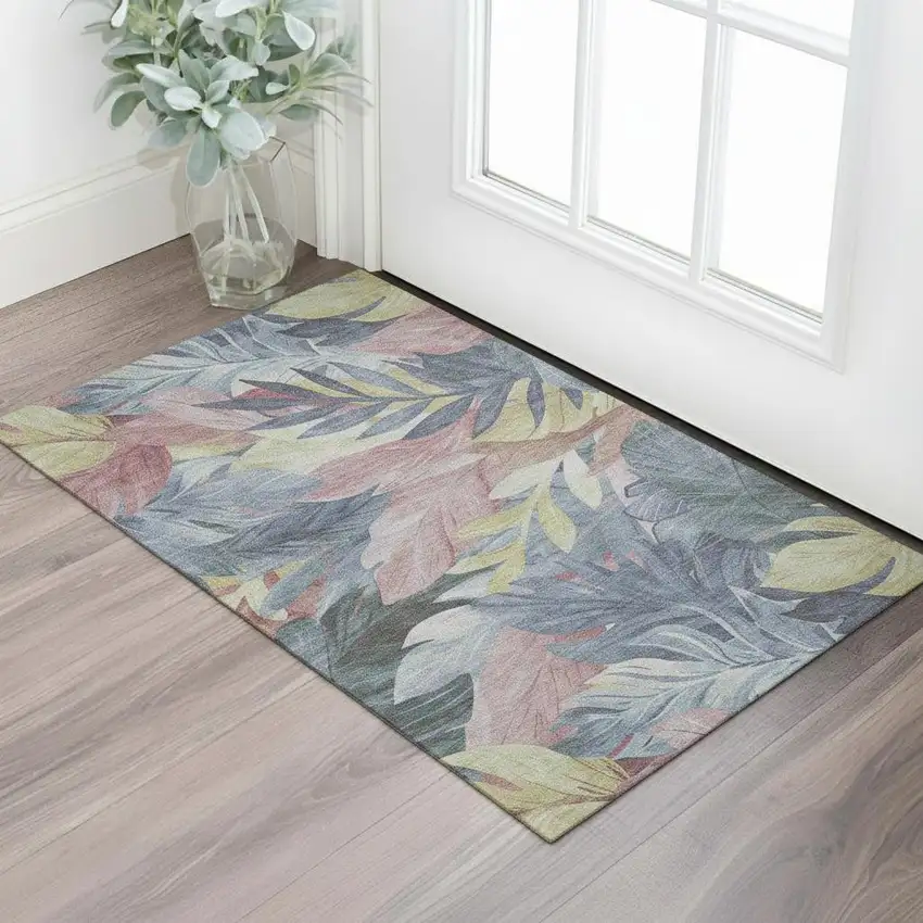 Denim Blue Mauve And Gold Floral Washable Area Rug With UV Protection Photo 2