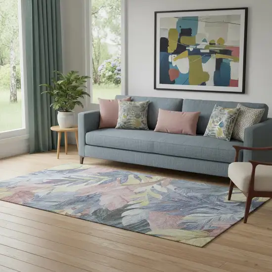 Denim Blue Mauve And Gold Floral Washable Area Rug With UV Protection Photo 2