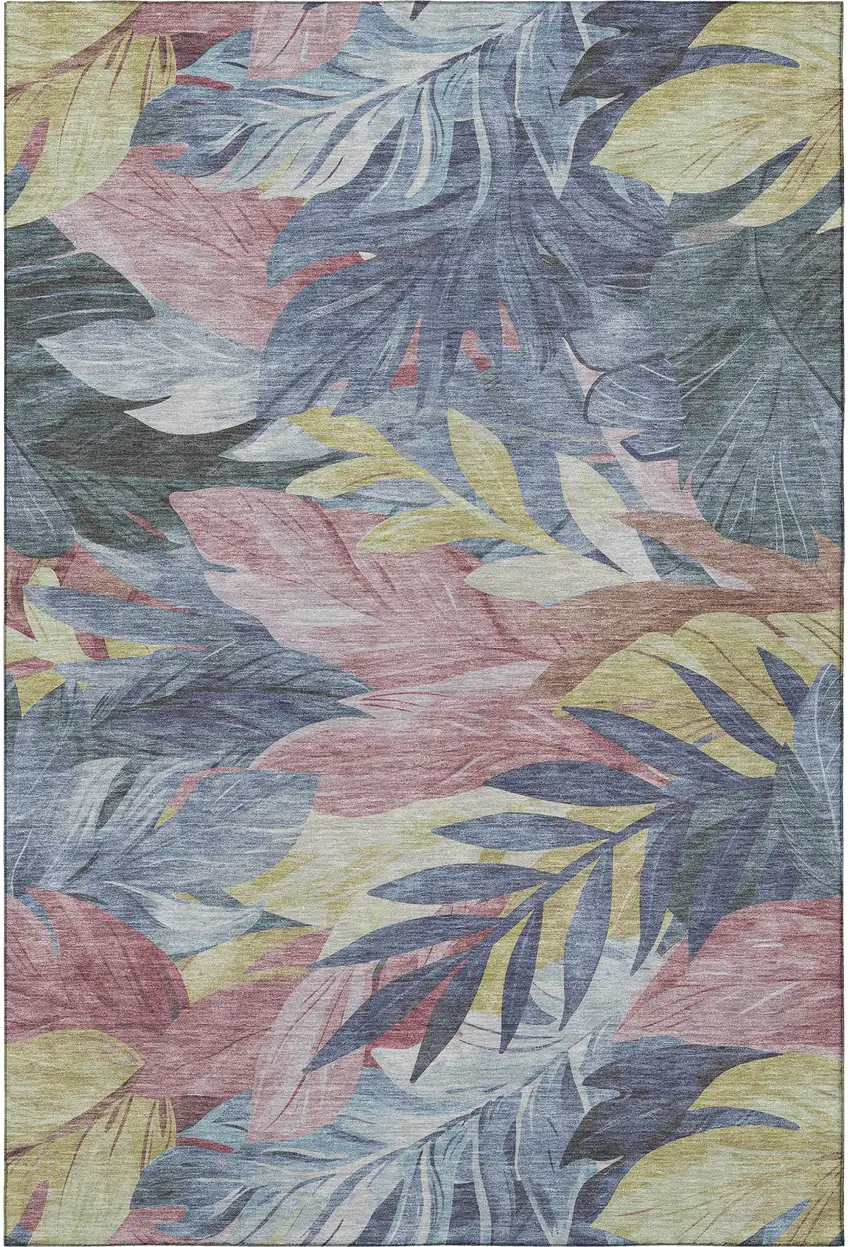 Denim Blue Mauve And Gold Floral Washable Area Rug With UV Protection Photo 3