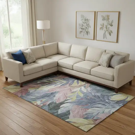 Denim Blue Mauve And Gold Floral Washable Area Rug With UV Protection Photo 2