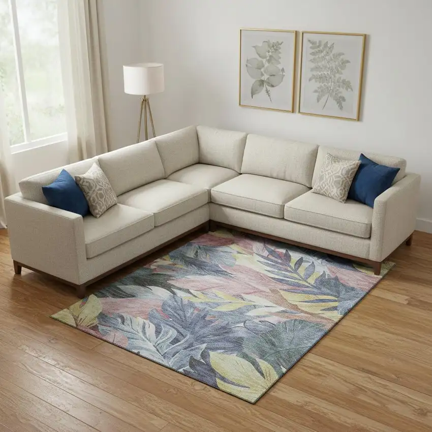 Denim Blue Mauve And Gold Floral Washable Area Rug With UV Protection Photo 2