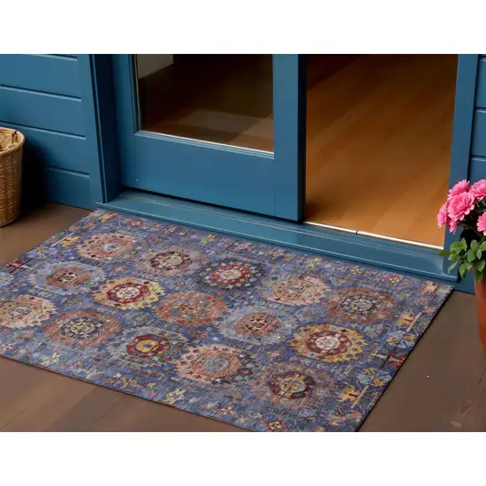 Denim Blue Merlot And Gold Medallion Washable Indoor Outdoor Area Rug Photo 2