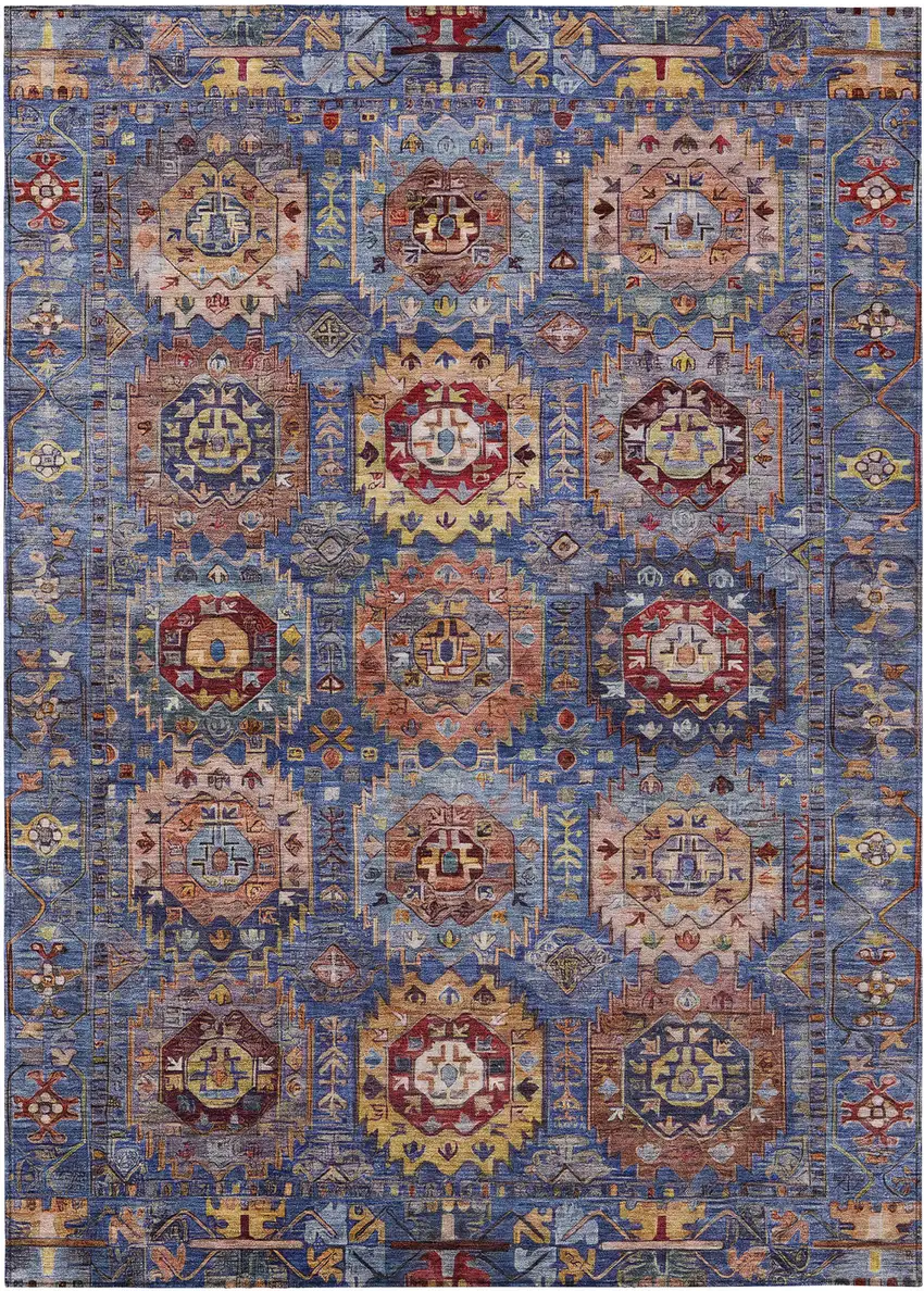 Denim Blue Merlot And Gold Medallion Washable Indoor Outdoor Area Rug Photo 1