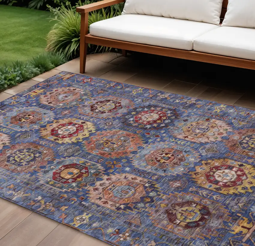 Denim Blue Merlot And Gold Medallion Washable Indoor Outdoor Area Rug Photo 2
