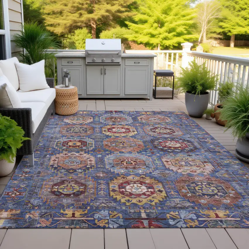 Denim Blue Merlot And Gold Medallion Washable Indoor Outdoor Area Rug Photo 5