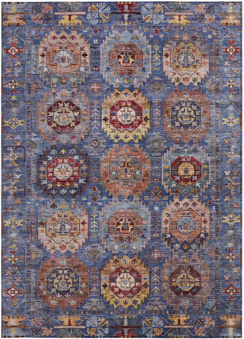 Denim Blue Merlot And Gold Medallion Washable Indoor Outdoor Area Rug Photo 3