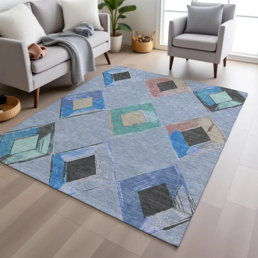 Denim Blue Mint Green And Gray Geometric Washable Indoor Outdoor Area Rug Photo 7
