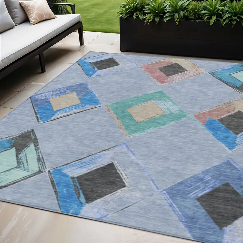 Denim Blue Mint Green And Gray Geometric Washable Indoor Outdoor Area Rug Photo 2