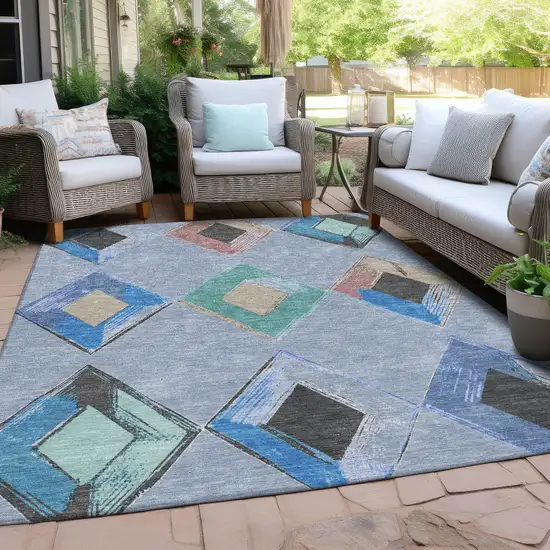 Denim Blue Mint Green And Gray Geometric Washable Indoor Outdoor Area Rug Photo 6