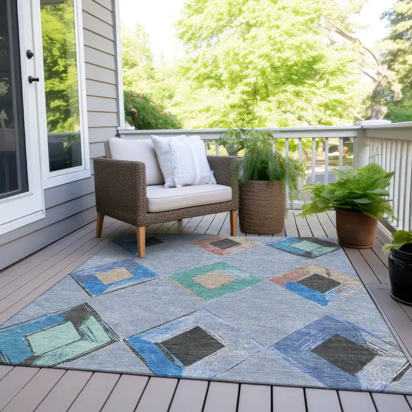 Denim Blue Mint Green And Gray Geometric Washable Indoor Outdoor Area Rug Photo 9