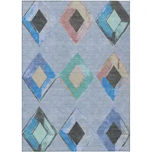 Photo of Denim Blue Mint Green And Gray Geometric Washable Indoor Outdoor Area Rug