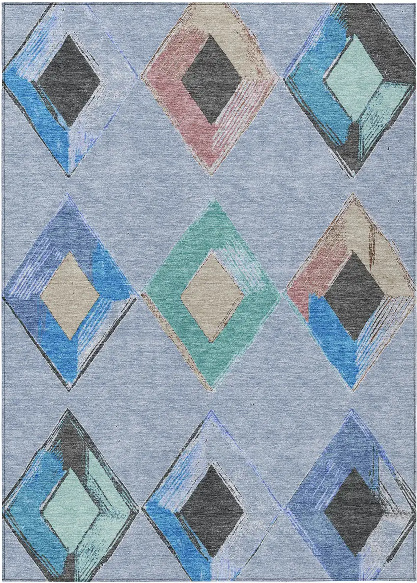 Denim Blue Mint Green And Gray Geometric Washable Indoor Outdoor Area Rug Photo 1