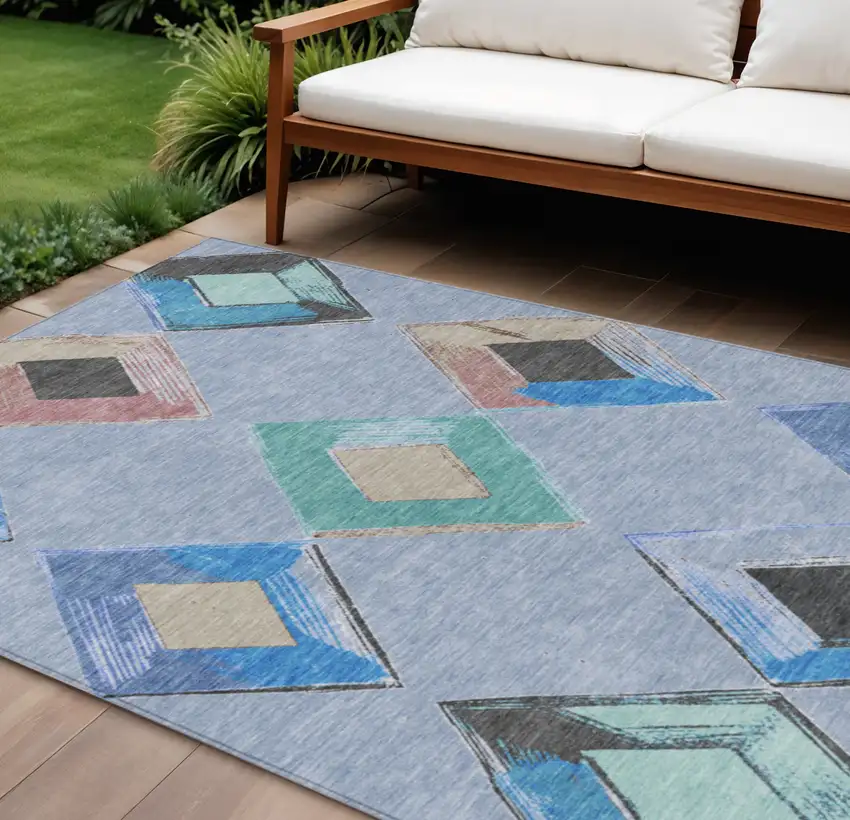 Denim Blue Mint Green And Gray Geometric Washable Indoor Outdoor Area Rug Photo 2