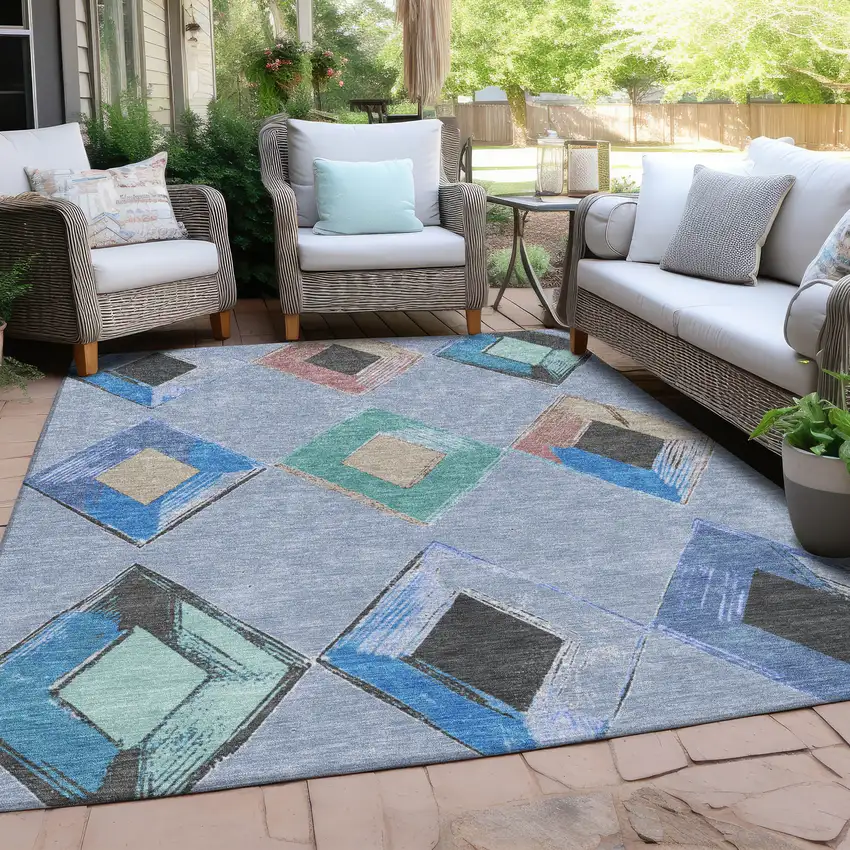 Denim Blue Mint Green And Gray Geometric Washable Indoor Outdoor Area Rug Photo 6
