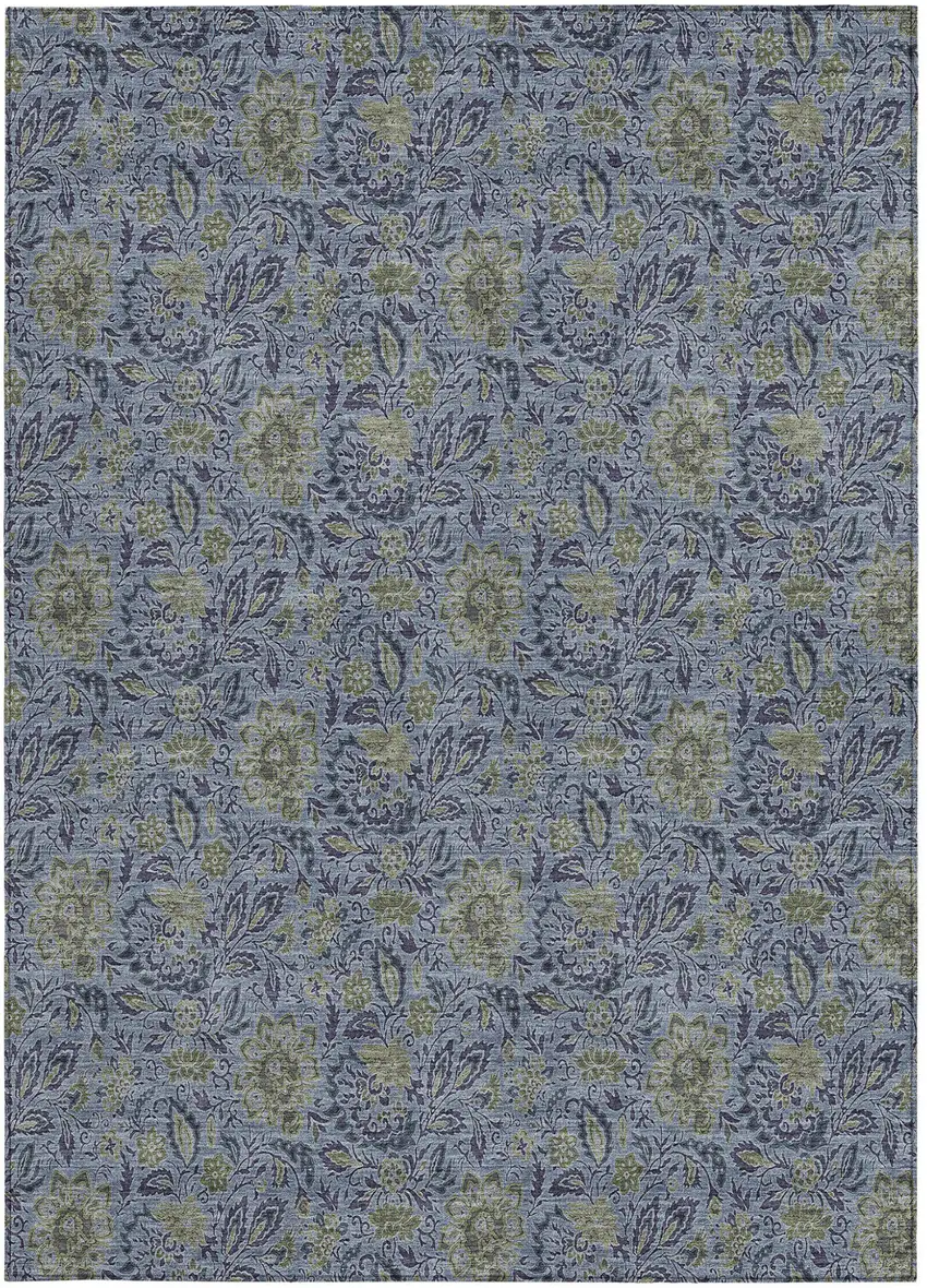Denim Blue Navy Blue And Gray Floral Washable Indoor Outdoor Area Rug Photo 7