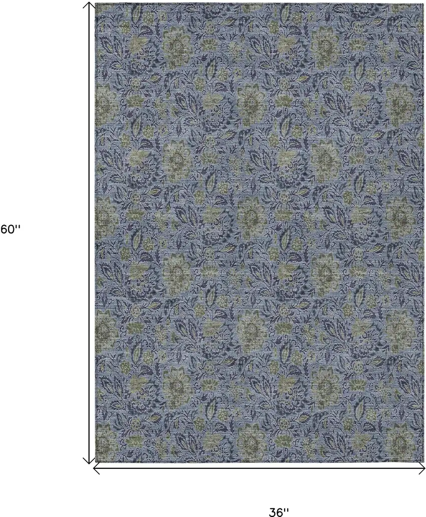 Denim Blue Navy Blue And Gray Floral Washable Indoor Outdoor Area Rug Photo 3