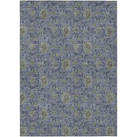 Denim Blue Navy Blue And Gray Floral Washable Indoor Outdoor Area Rug Photo 2