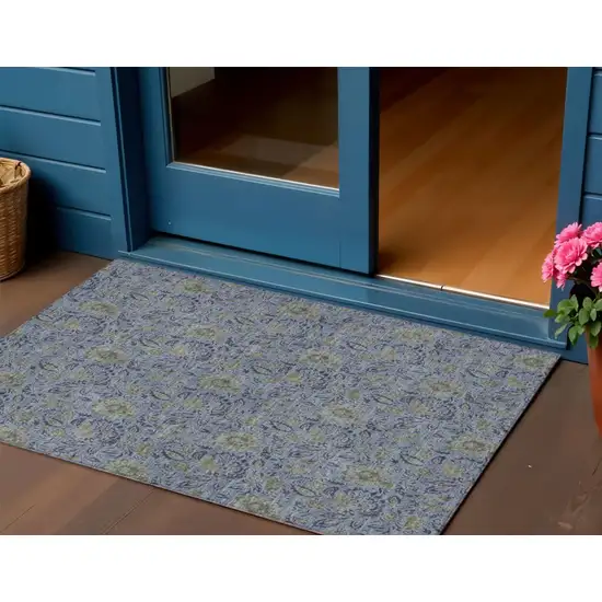 Denim Blue Navy Blue And Gray Floral Washable Indoor Outdoor Area Rug Photo 1