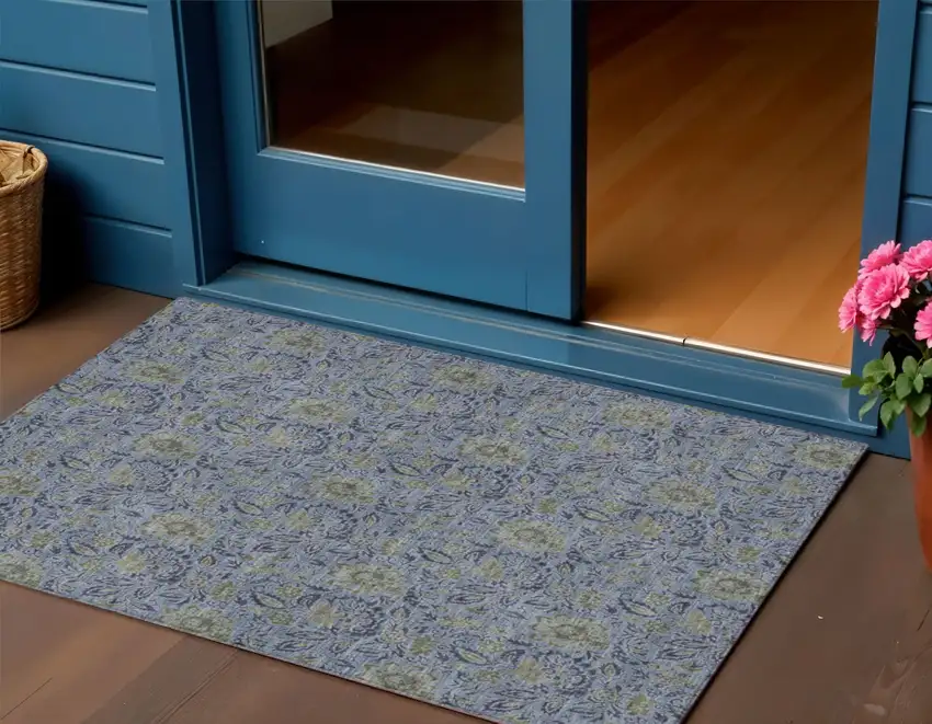 Denim Blue Navy Blue And Gray Floral Washable Indoor Outdoor Area Rug Photo 1