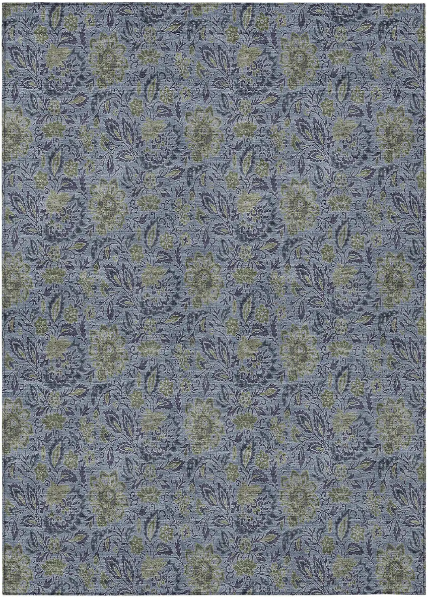 Denim Blue Navy Blue And Gray Floral Washable Indoor Outdoor Area Rug Photo 2