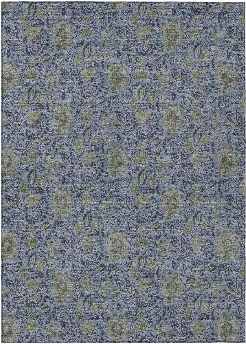Denim Blue Navy Blue And Gray Floral Washable Indoor Outdoor Area Rug Photo 2