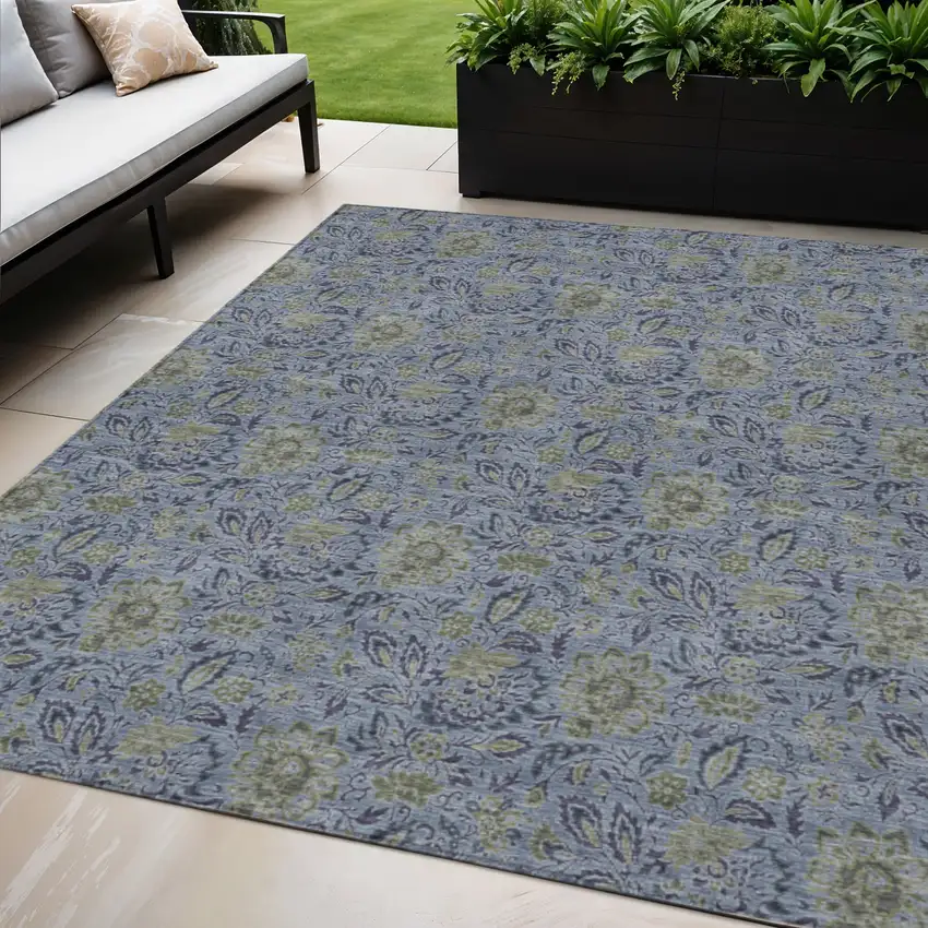 Denim Blue Navy Blue And Gray Floral Washable Indoor Outdoor Area Rug Photo 1